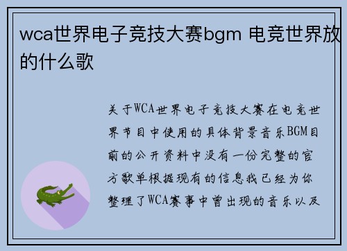 wca世界电子竞技大赛bgm 电竞世界放的什么歌